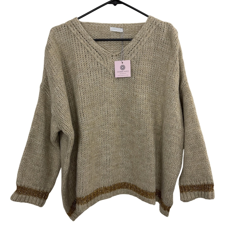 Debbie Katz Sweater Womens One Size Tan Gold Metallic Trim V-Neck Oversize Italy